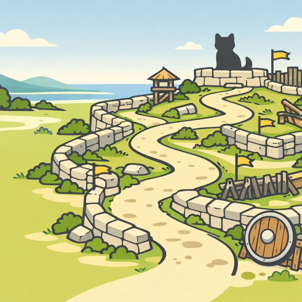Ilustracyjna mapa neutralnej kociej fortecy z drogą, murami i tarczą jako metafora planowania obrony.