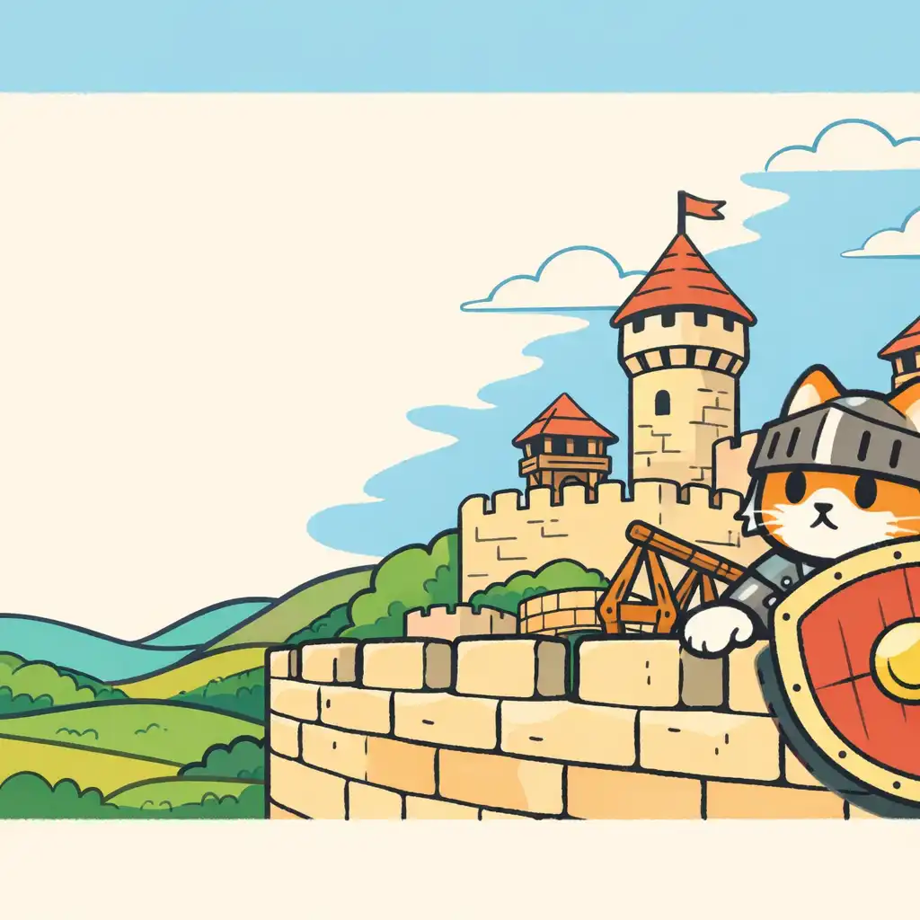 Ilustracyjna kocia forteca z kotem w hełmie przy murze i tarczą