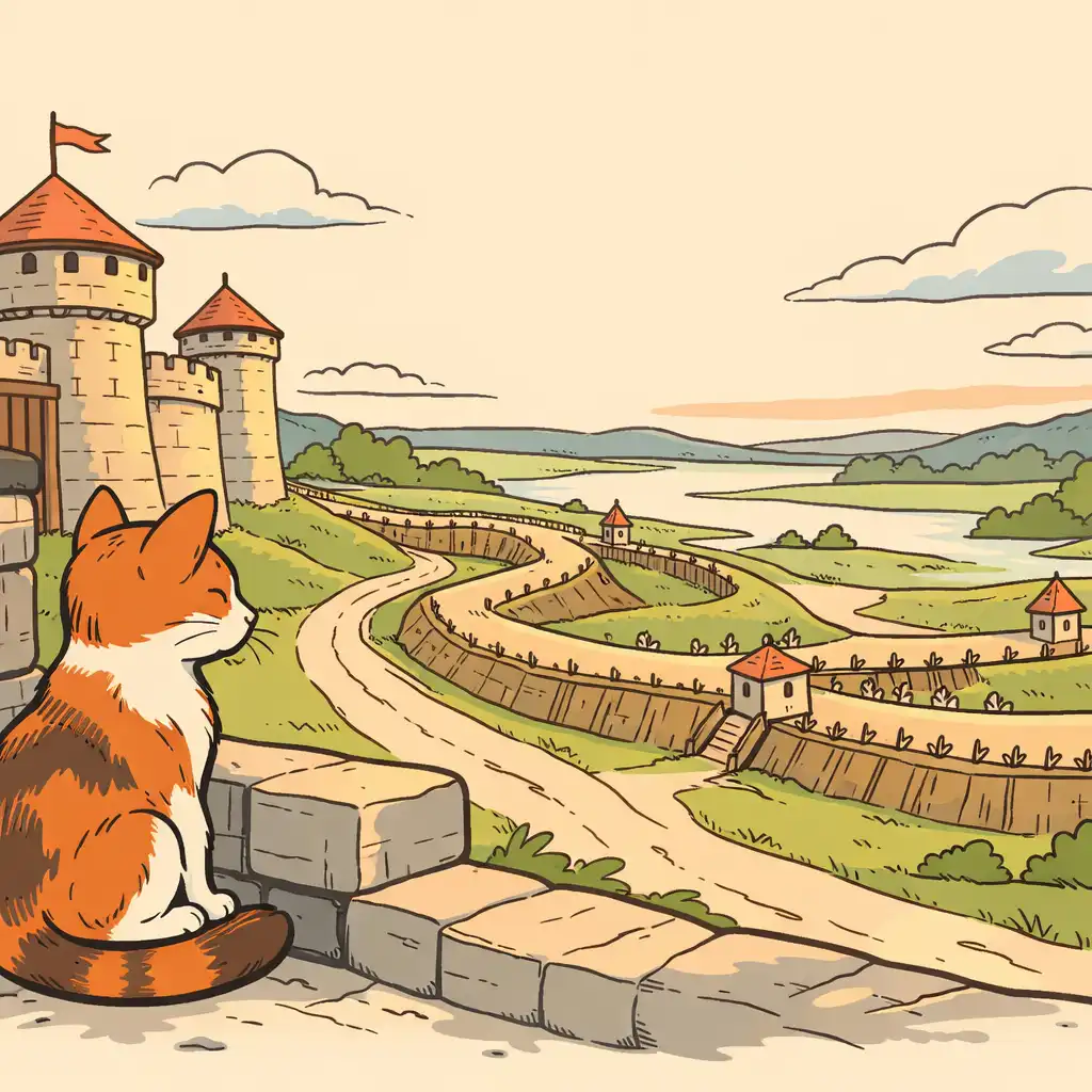 Kot przy murze fortecy obserwujący drogę i zielone wały w ilustracyjnej scenerii